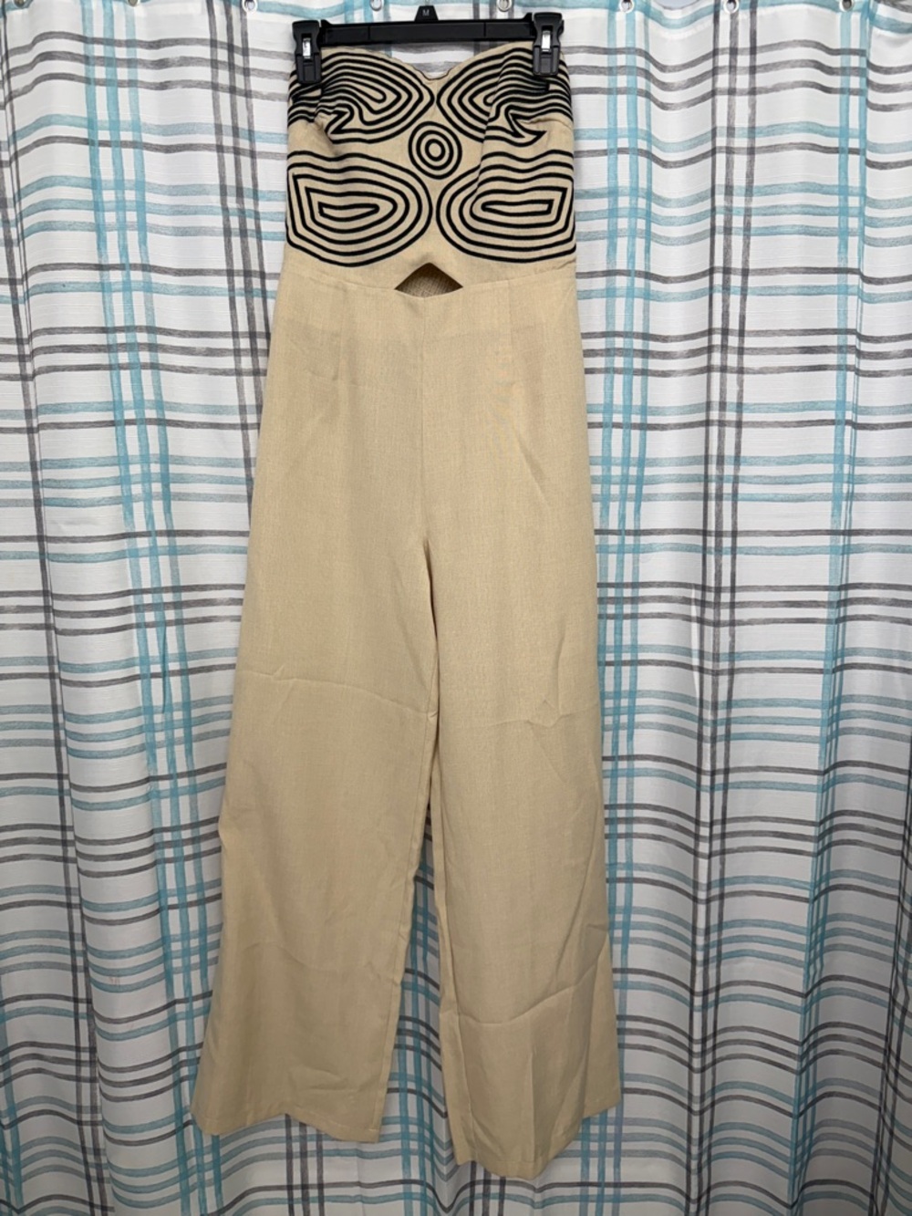 Beige Wide-Leg Jumpsuit with Black Patterned Waistband